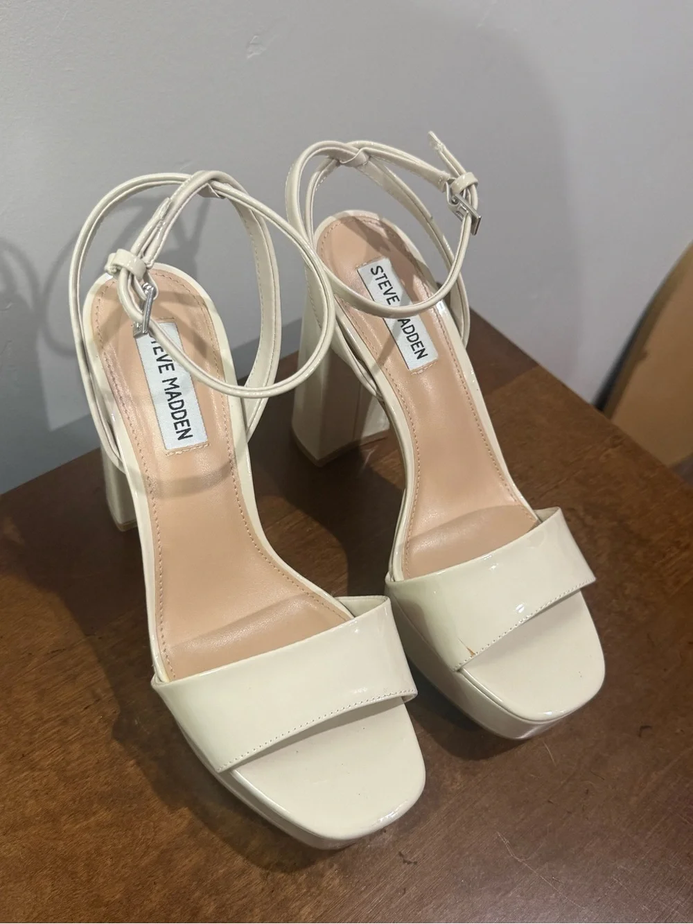 Steve Madden Ivory Patent Platform Sandals with Ankle Strap